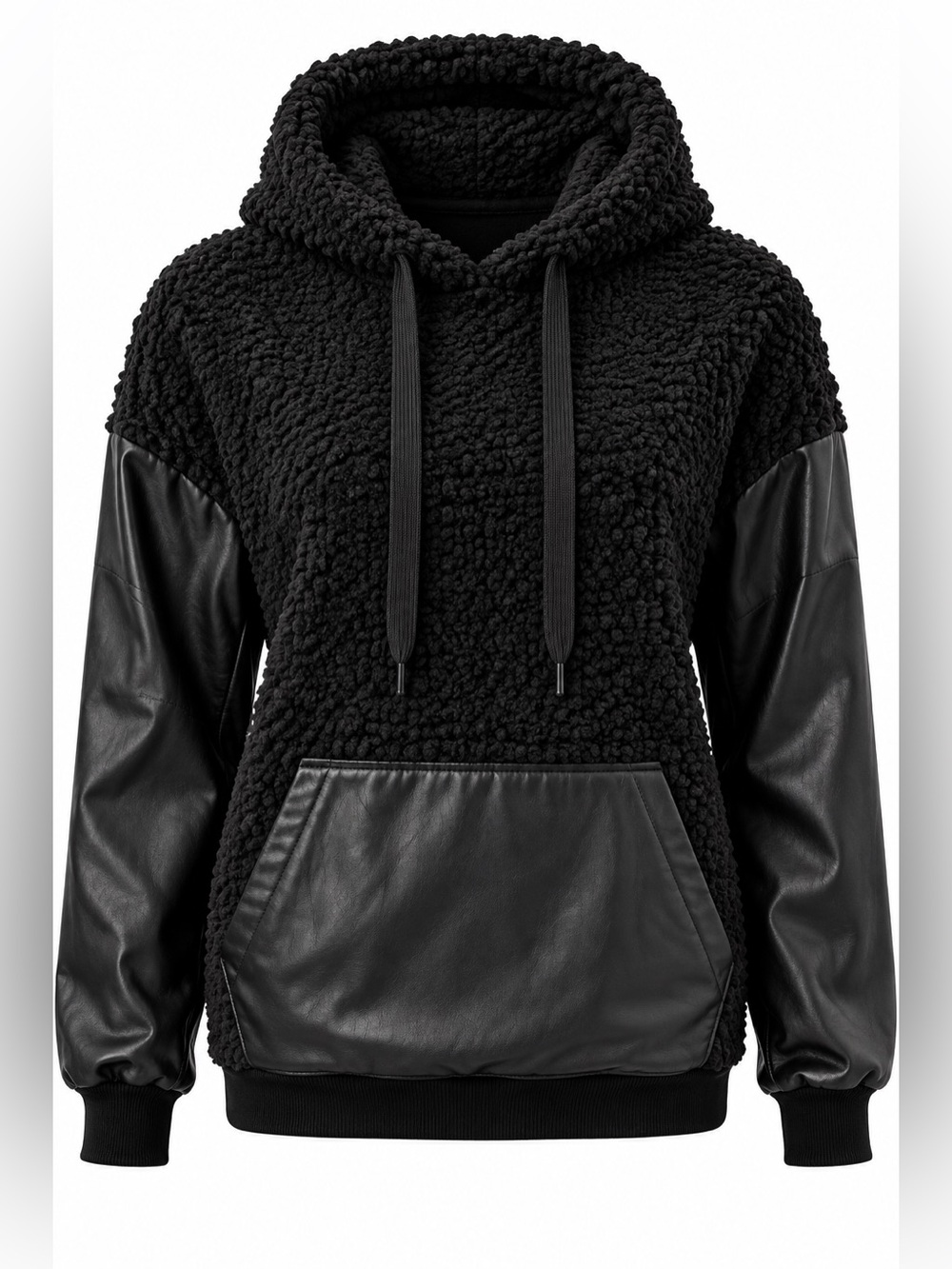 OLGA Design Black Sherpa Faux Leather Hoodie Jacket L